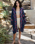 Trendy anemone embroidered navy kimono for everyday looks.