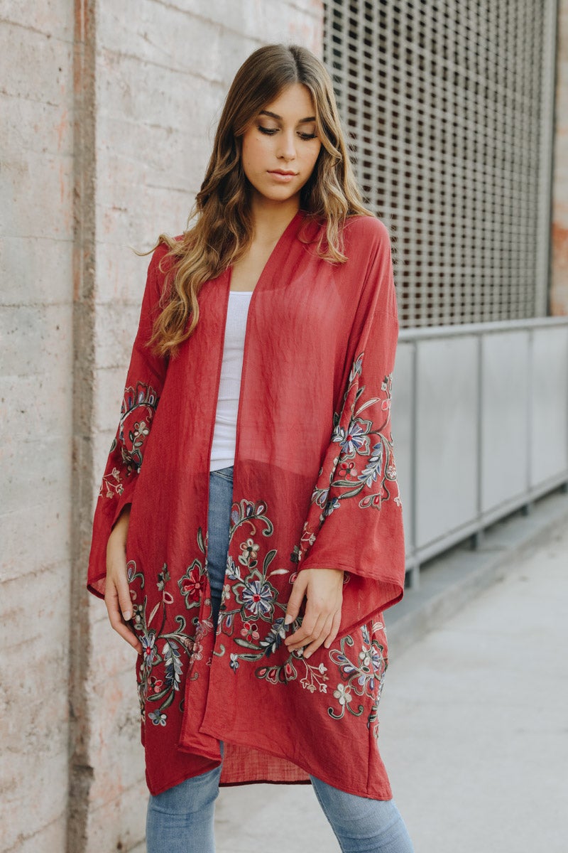 Trendy long floral plum kimono cardigan for layering and style.