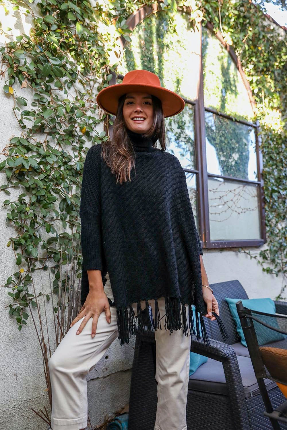 Turtleneck Sleeved Knit Frayed Poncho Ponchos