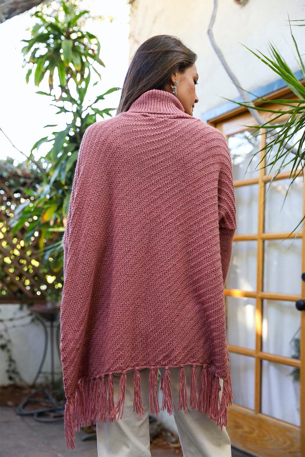 Turtleneck Sleeved Knit Frayed Poncho Ponchos