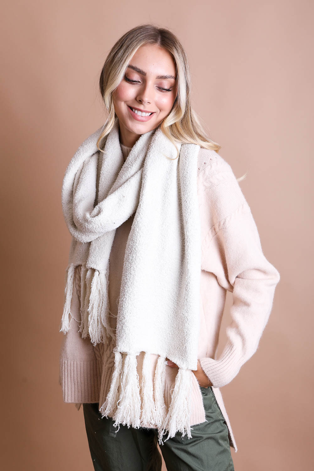 Ultra-Soft Boucle Tassel Scarf Scarves Ivory