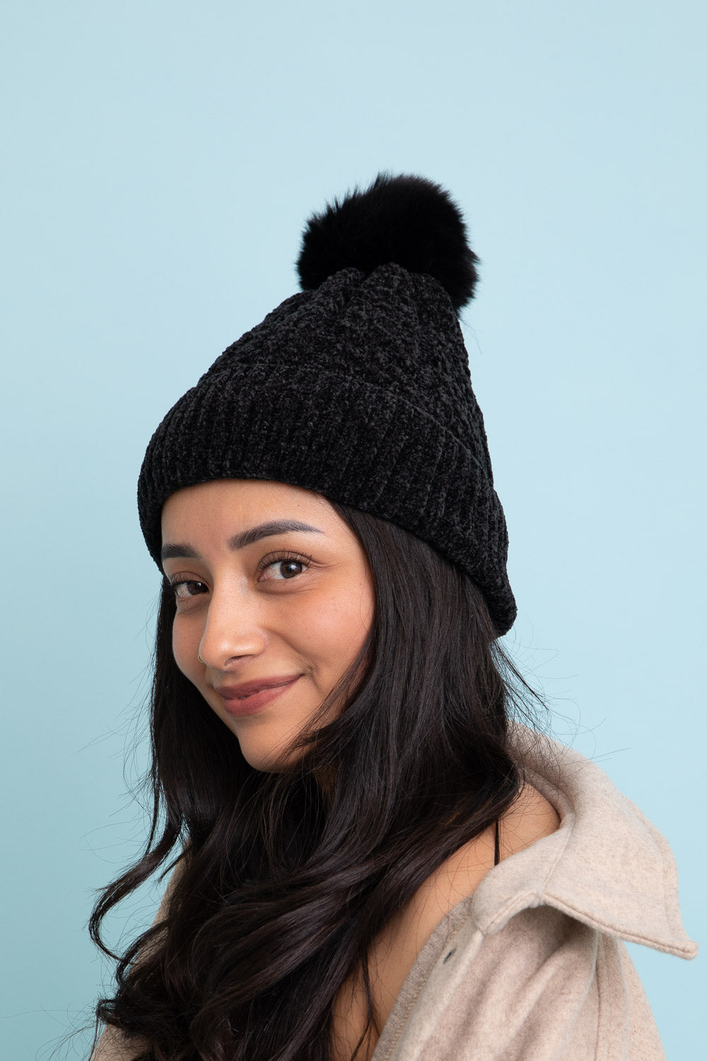 Velvet Cable Knit Pom Beanie Beanies Charcoal