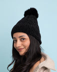 Velvet Cable Knit Pom Beanie Beanies Charcoal