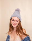 Velvet Cable Knit Pom Beanie Beanies Gray