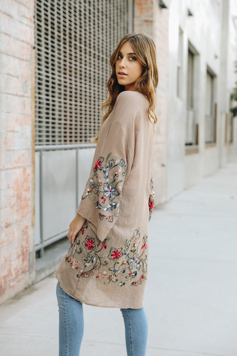 Versatile mocha floral kimono cardigan crafted with soft viscose blend.