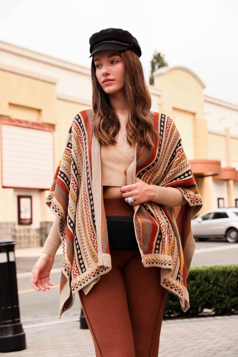 Vertical Stripe Multipattern Ruana Ponchos Camel