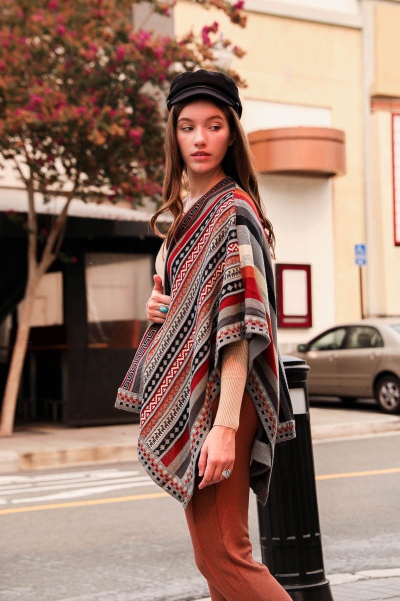 Vertical Stripe Multipattern Ruana Ponchos Red