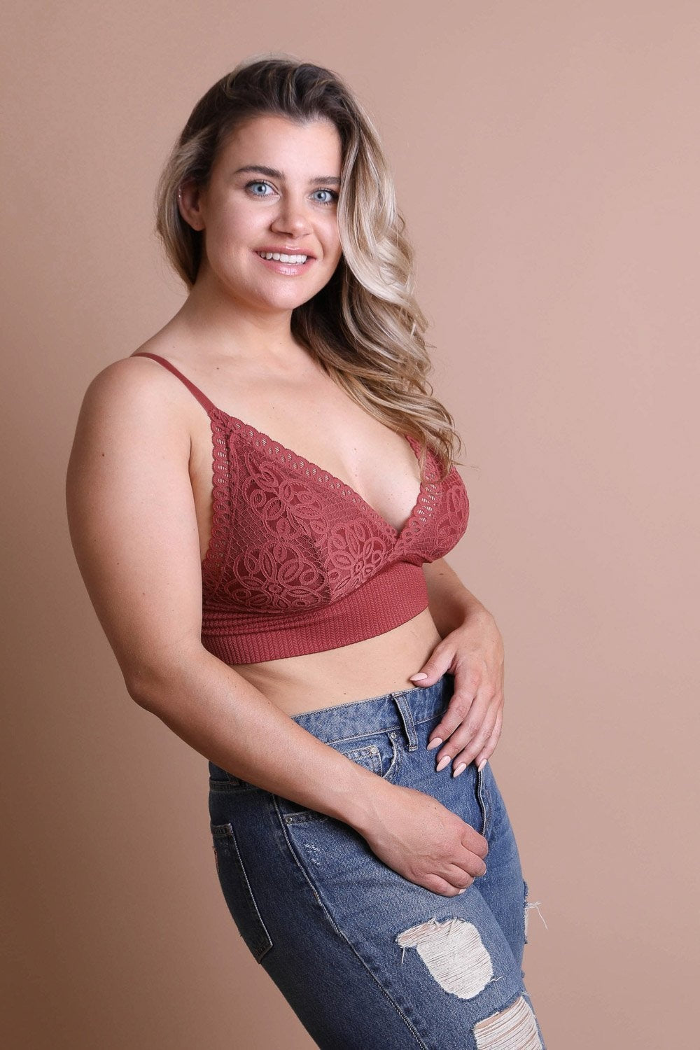 Waistband lace rust brami plus size with intricate loop design.