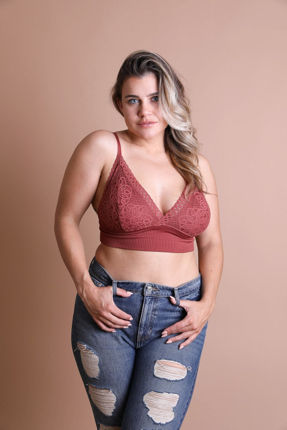 Waistband loop lace rust brami plus size stretchy cami top.