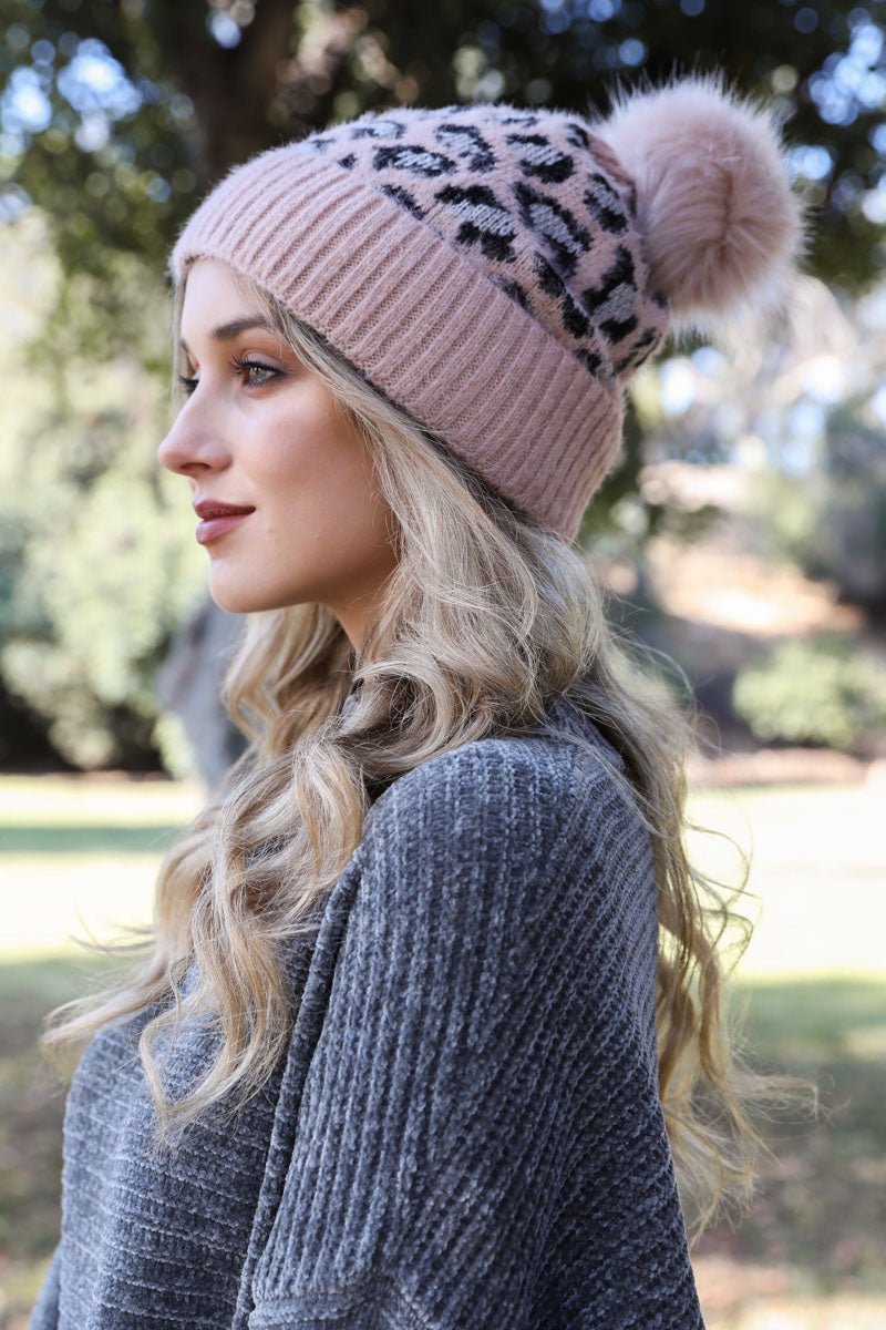 Wild Leopard Knit Beanie Beanies Pink