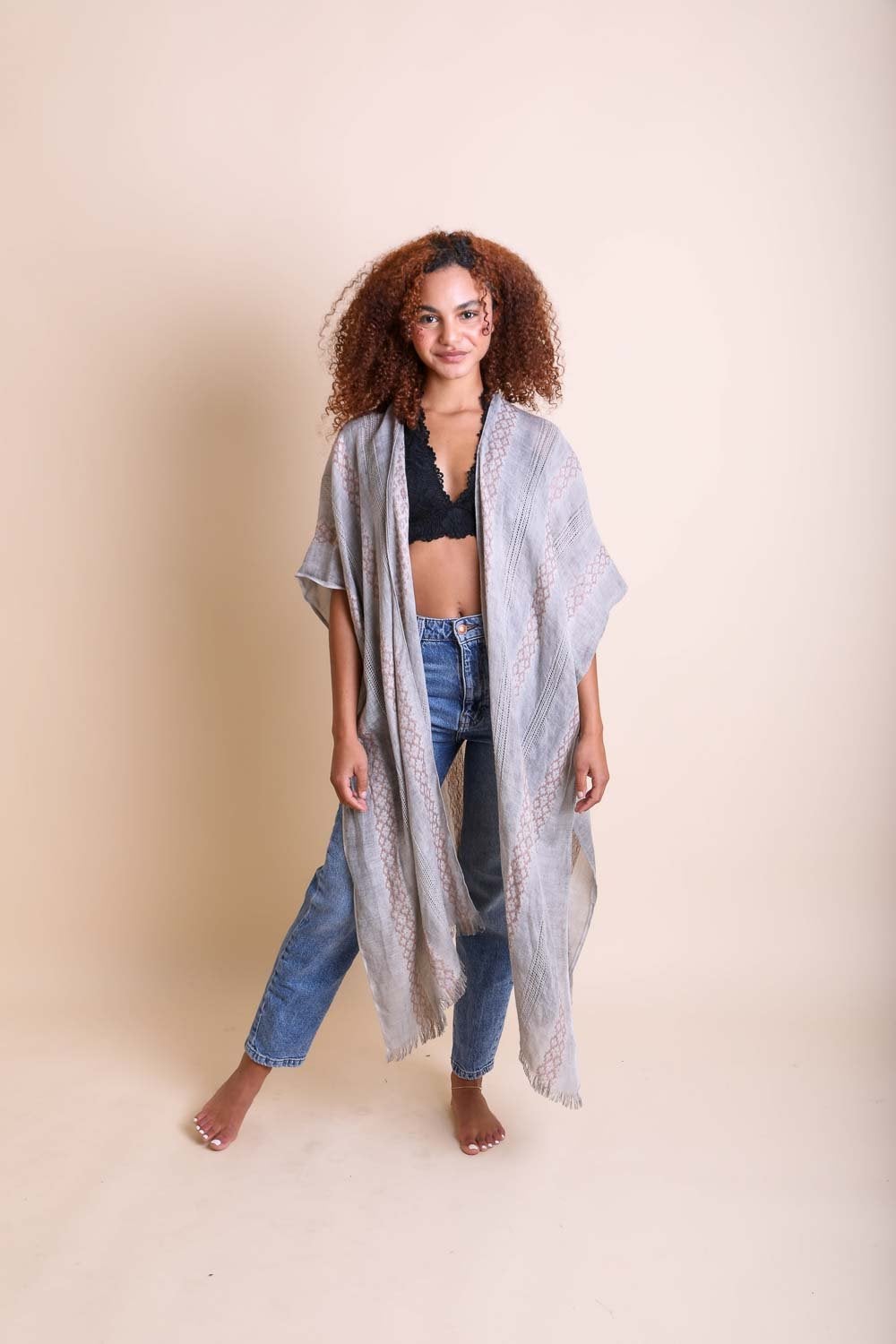 Woven Long Line Tribal Kimono Gray